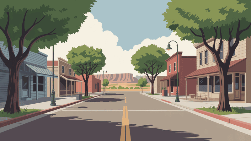 Illustration of a quiet street corner in a small western town